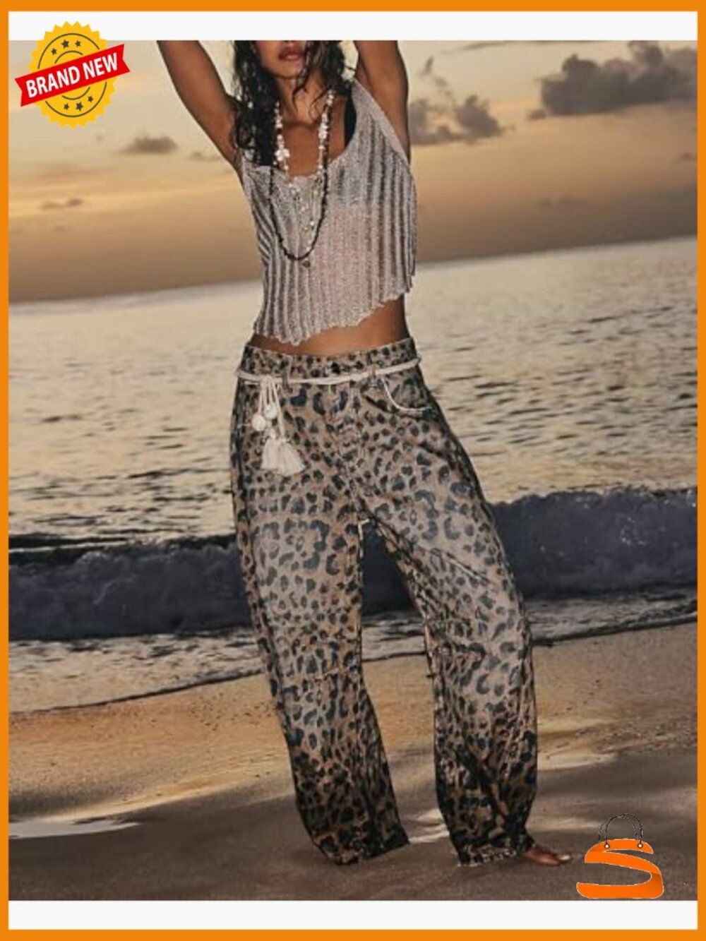 Mid Rise Wide Leg Cropped Barrel Leopard Print Y2k Baggy Denim Pants - Picture 6 of 7